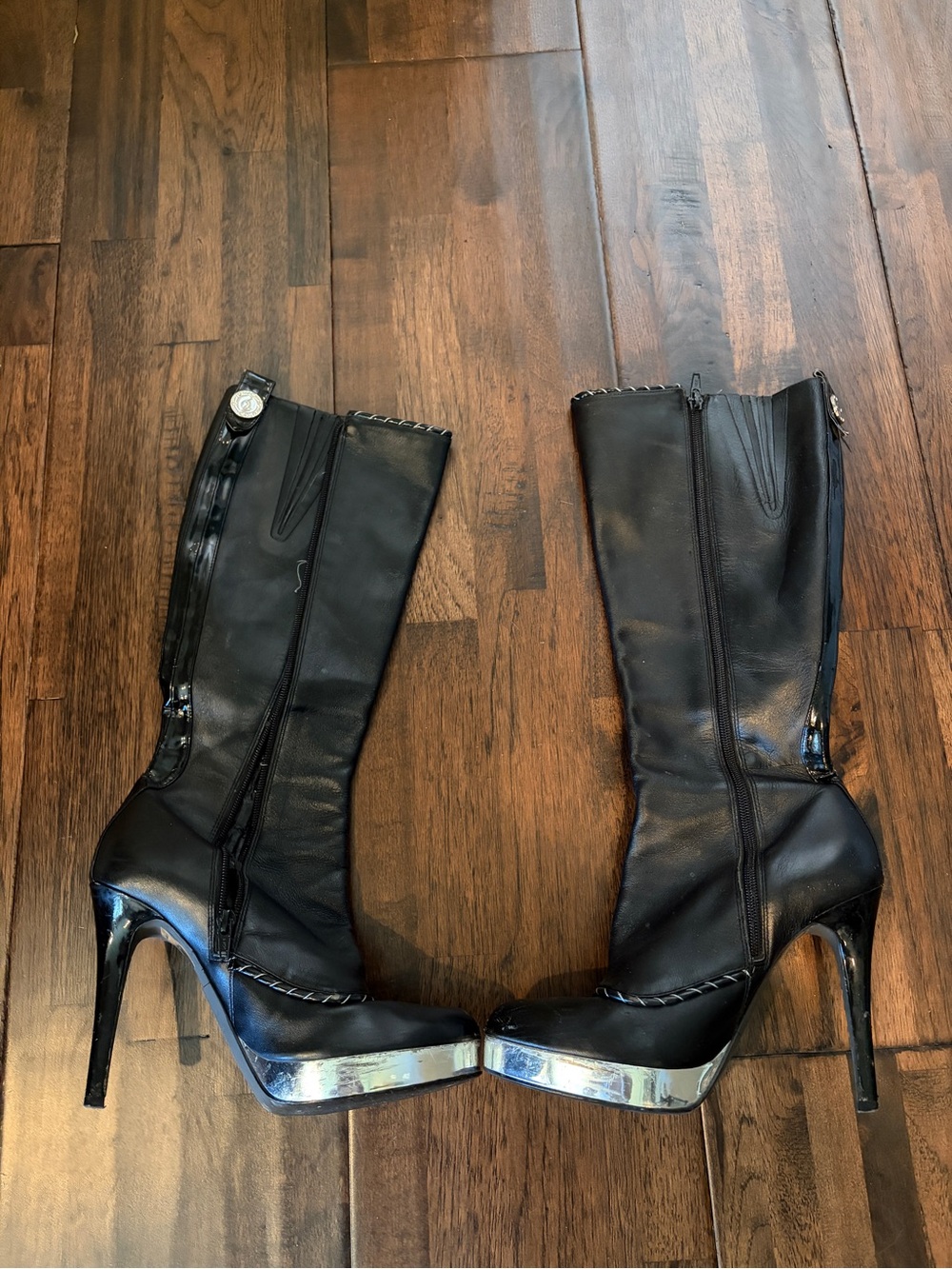 Baby Phat Black Stiletto Knee Boots with Silver Platform